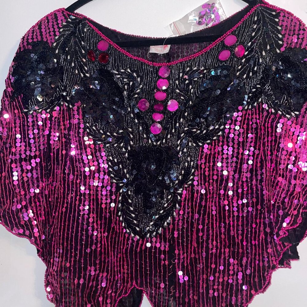 Vintage 1980s Hand Beaded Sequin Top | Bombay India | Magenta & Black Batwing